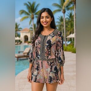 LovPosh Pink Black Paisley Romper Button up 3/4 Sleeves size S